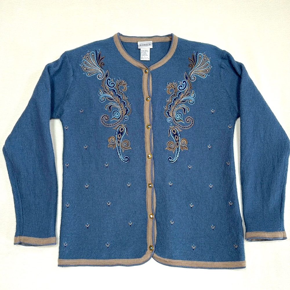 Vintage KORET Wool Cardigan with Embroidery- Stylized Flower and Paisley